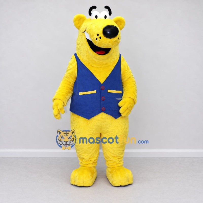 Custom Yellow and Blue Bear Character in Vest Mascot Costume Adult Full Body Suit for School Events Custom Yellow and Blue Bear Character in Vest Mascot Costume Adult Full Body Suit for School Events