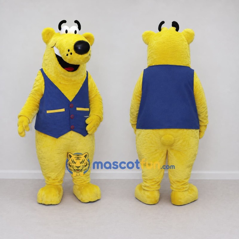 Custom Yellow and Blue Bear Character in Vest Mascot Costume Adult Full Body Suit for School Events Custom Yellow and Blue Bear Character in Vest Mascot Costume Adult Full Body Suit for School Events