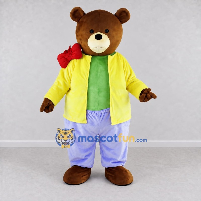 Custom Brown Yellow and Purple Bear in Jacket Mascot Costume Adult Full Body Suit for School Events