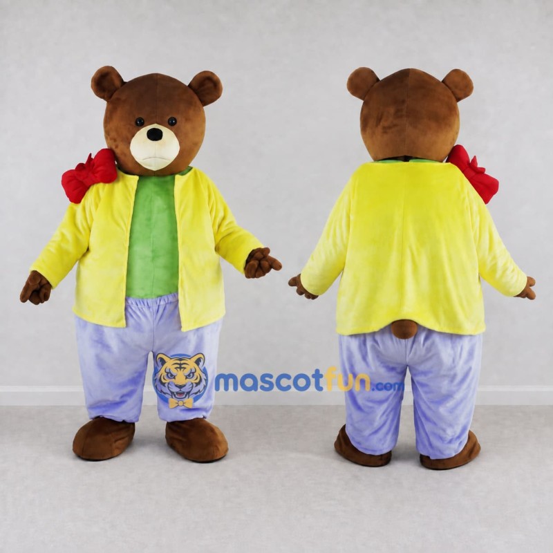 Custom Brown Yellow and Purple Bear in Jacket Mascot Costume Adult Full Body Suit for School Events