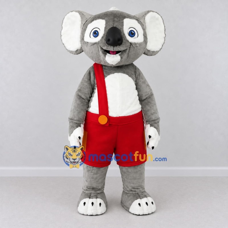 Custom Gray White and Red Koala in Suspenders Mascot Costume Adult Full Body Suit for School Events