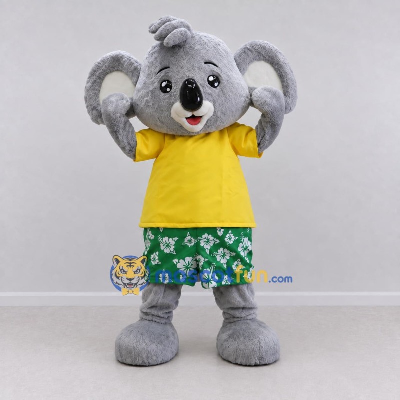 Custom Gray Yellow and Green Koala in Summer Outfit Mascot Costume Adult Full Body Suit for Summer Events Custom Gray Yellow and Green Koala in Summer Outfit Mascot Costume Adult Full Body Suit for Summer Events