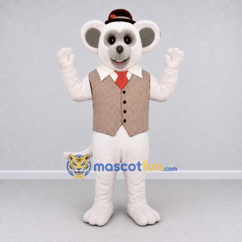 Custom White and Brown Mouse in a Vest and Hat Mascot Costume Adult Full Body Suit for Theme Parties Custom White and Brown Mouse in a Vest and Hat Mascot Costume Adult Full Body Suit for Theme Parties