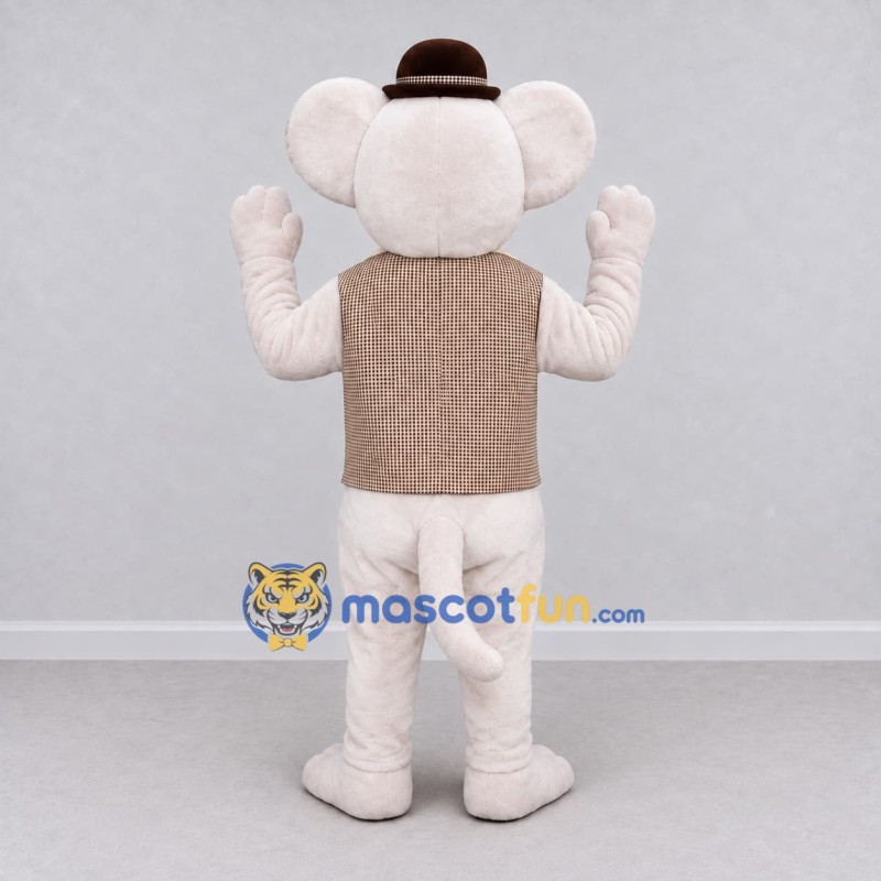 Custom White and Brown Mouse in a Vest and Hat Mascot Costume Adult Full Body Suit for Theme Parties Custom White and Brown Mouse in a Vest and Hat Mascot Costume Adult Full Body Suit for Theme Parties
