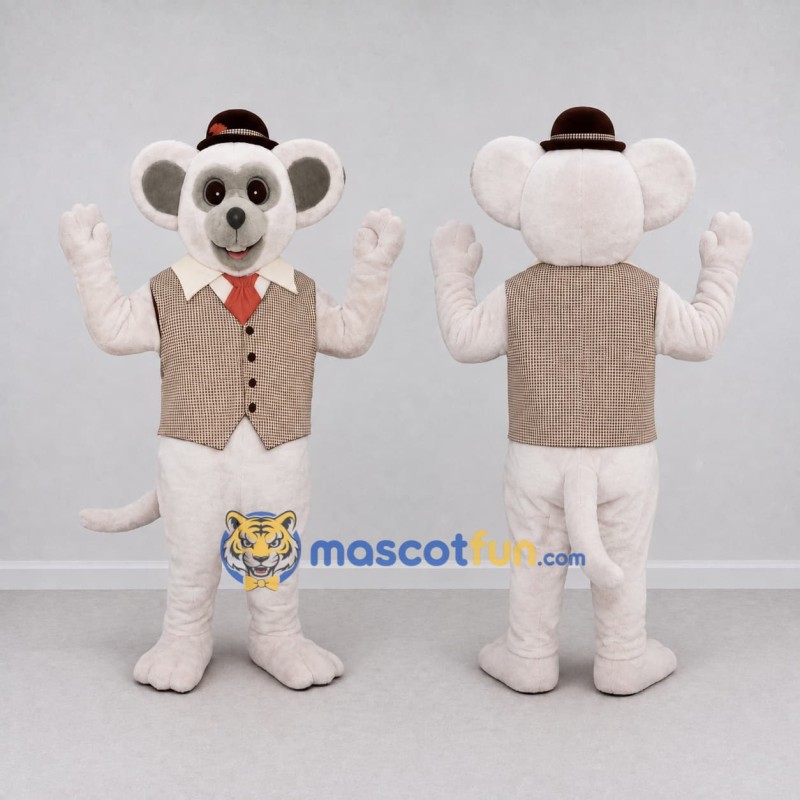 Custom White and Brown Mouse in a Vest and Hat Mascot Costume Adult Full Body Suit for Theme Parties Custom White and Brown Mouse in a Vest and Hat Mascot Costume Adult Full Body Suit for Theme Parties