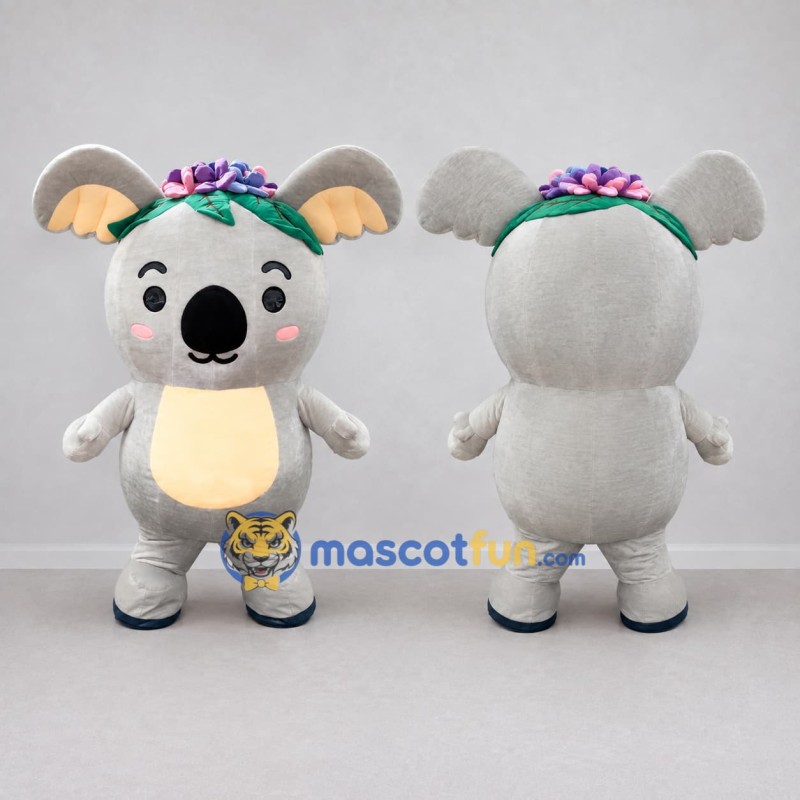 Custom Gray and Yellow Koala with a Flower Crown Mascot Costume Adult Full Body Suit for Garden Events Custom Gray and Yellow Koala with a Flower Crown Mascot Costume Adult Full Body Suit for Garden Events