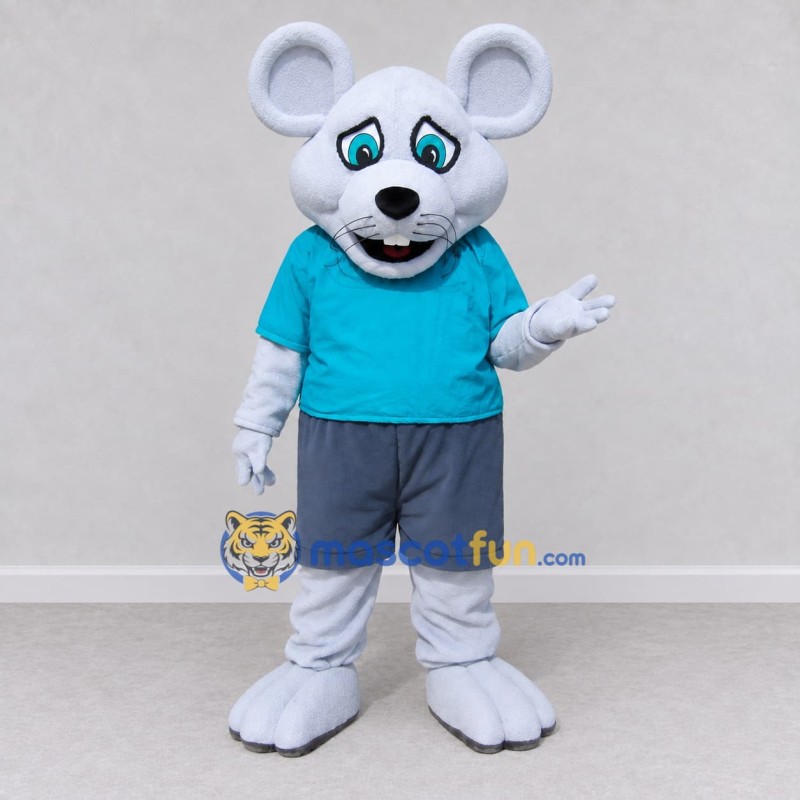 Custom Gray and Blue Mouse in a T-Shirt and Shorts Mascot Costume Adult Full Body Suit for School Events Custom Gray and Blue Mouse in a T-Shirt and Shorts Mascot Costume Adult Full Body Suit for School Events