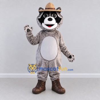 Custom Gray and Brown Raccoon in a Hat and Boots Mascot Costume Adult Full Body Suit for Outdoor Events Custom Gray and Brown Raccoon in a Hat and Boots Mascot Costume Adult Full Body Suit for Outdoor Events