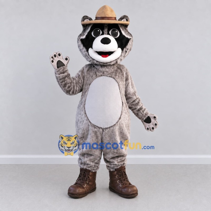 Custom Gray and Brown Raccoon in a Hat and Boots Mascot Costume Adult Full Body Suit for Outdoor Events Custom Gray and Brown Raccoon in a Hat and Boots Mascot Costume Adult Full Body Suit for Outdoor Events