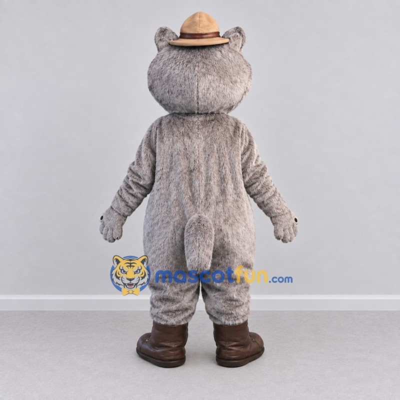 Custom Gray and Brown Raccoon in a Hat and Boots Mascot Costume Adult Full Body Suit for Outdoor Events Custom Gray and Brown Raccoon in a Hat and Boots Mascot Costume Adult Full Body Suit for Outdoor Events