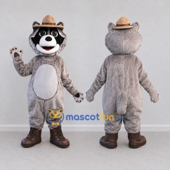 Custom Gray and Brown Raccoon in a Hat and Boots Mascot Costume Adult Full Body Suit for Outdoor Events