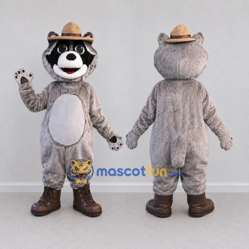 Custom Gray and Brown Raccoon in a Hat and Boots Mascot Costume Adult Full Body Suit for Outdoor Events Custom Gray and Brown Raccoon in a Hat and Boots Mascot Costume Adult Full Body Suit for Outdoor Events
