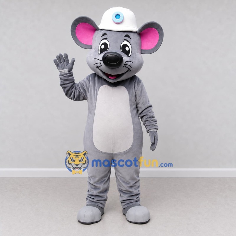 Custom Gray and White Mouse in a White Cap Mascot Costume Adult Full Body Suit for School Events Custom Gray and White Mouse in a White Cap Mascot Costume Adult Full Body Suit for School Events