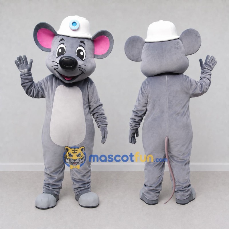 Custom Gray and White Mouse in a White Cap Mascot Costume Adult Full Body Suit for School Events Custom Gray and White Mouse in a White Cap Mascot Costume Adult Full Body Suit for School Events