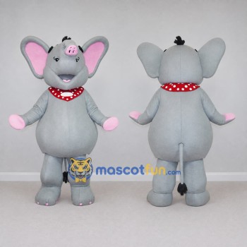 Custom Gray and Pink Elephant with a Polka Dot Scarf Mascot Costume Adult Full Body Suit for School Events