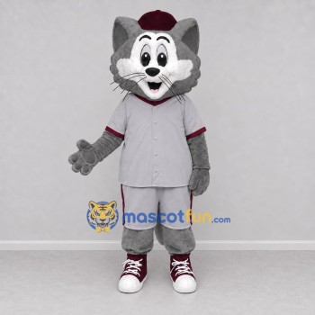 Custom Gray and Burgundy Cat in Sportswear Mascot Costume Adult Full Body Suit for Sports Events