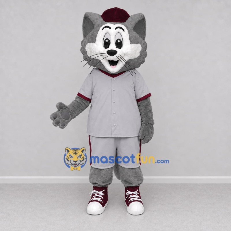 Custom Gray and Burgundy Cat in Sportswear Mascot Costume Adult Full Body Suit for Sports Events Custom Gray and Burgundy Cat in Sportswear Mascot Costume Adult Full Body Suit for Sports Events