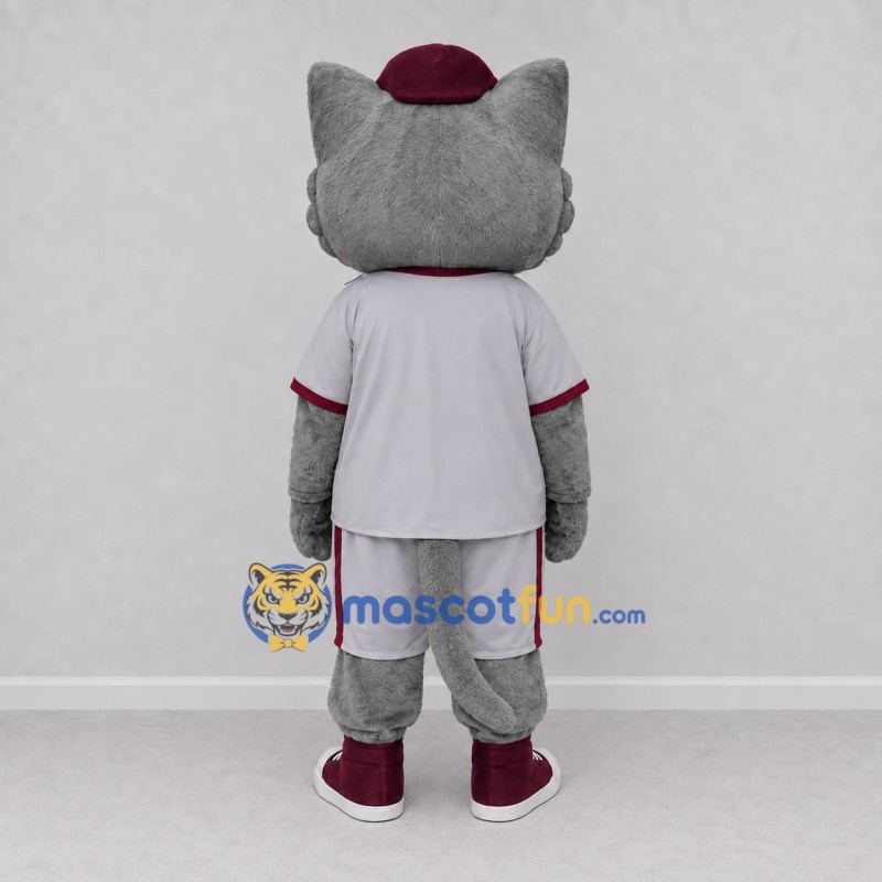 Custom Gray and Burgundy Cat in Sportswear Mascot Costume Adult Full Body Suit for Sports Events Custom Gray and Burgundy Cat in Sportswear Mascot Costume Adult Full Body Suit for Sports Events