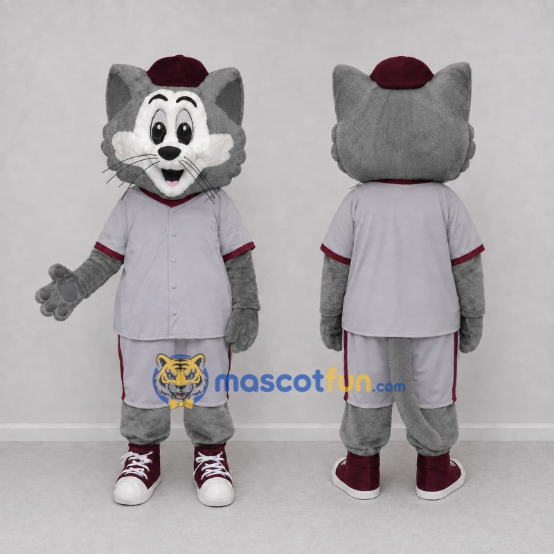 Custom Gray and Burgundy Cat in Sportswear Mascot Costume Adult Full Body Suit for Sports Events Custom Gray and Burgundy Cat in Sportswear Mascot Costume Adult Full Body Suit for Sports Events