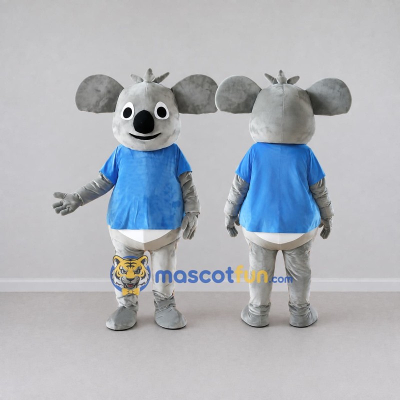 Custom Gray and Blue Koala in a T-Shirt Mascot Costume Adult Full Body Suit for School Events Custom Gray and Blue Koala in a T-Shirt Mascot Costume Adult Full Body Suit for School Events