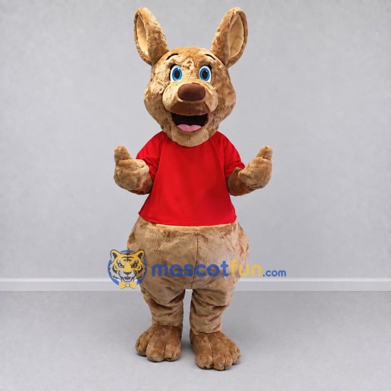Custom Tan and Red Kangaroo Character in a T-Shirt Mascot Costume Adult Full Body Suit for Wildlife Events Custom Tan and Red Kangaroo Character in a T-Shirt Mascot Costume Adult Full Body Suit for Wildlife Events