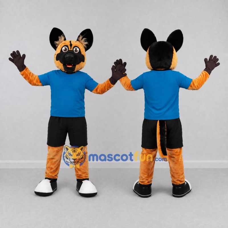 Custom Orange and Blue Dog in Sportswear Mascot Costume Adult Full Body Suit for Sports Events Custom Orange and Blue Dog in Sportswear Mascot Costume Adult Full Body Suit for Sports Events