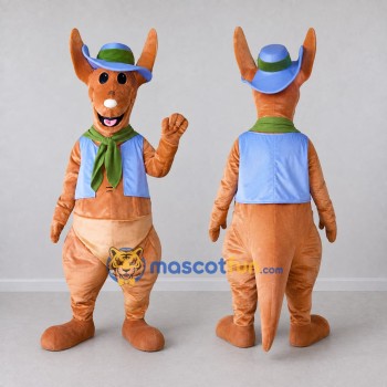 Custom Orange and Blue Kangaroo in a Hat and Vest Mascot Costume Adult Full Body Suit for Outdoor Events