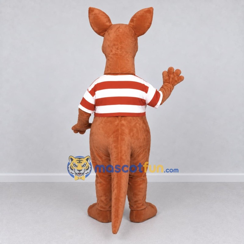 Custom Brown and White Kangaroo in a Striped Shirt Mascot Costume Adult Full Body Suit for School Events Custom Brown and White Kangaroo in a Striped Shirt Mascot Costume Adult Full Body Suit for School Events