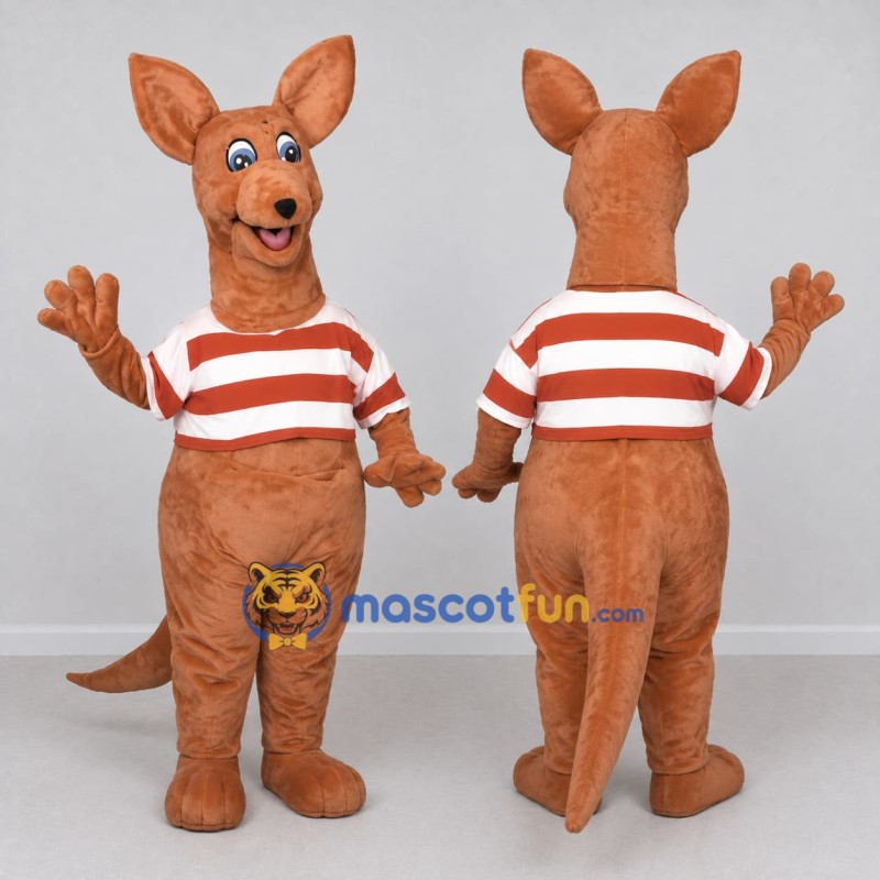 Custom Brown and White Kangaroo in a Striped Shirt Mascot Costume Adult Full Body Suit for School Events Custom Brown and White Kangaroo in a Striped Shirt Mascot Costume Adult Full Body Suit for School Events