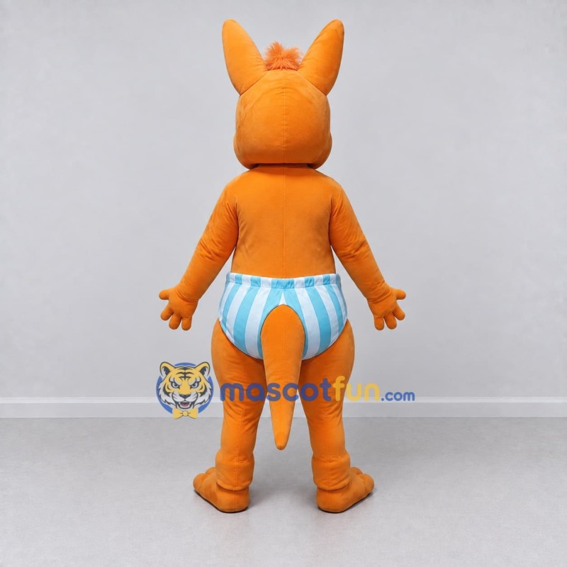 Custom Orange and Blue Kangaroo in Striped Shorts Mascot Costume Adult Full Body Suit for School Events Custom Orange and Blue Kangaroo in Striped Shorts Mascot Costume Adult Full Body Suit for School Events