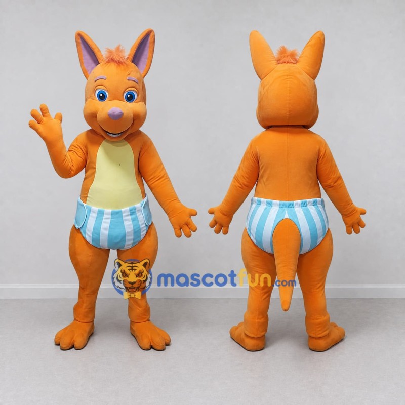 Custom Orange and Blue Kangaroo in Striped Shorts Mascot Costume Adult Full Body Suit for School Events Custom Orange and Blue Kangaroo in Striped Shorts Mascot Costume Adult Full Body Suit for School Events