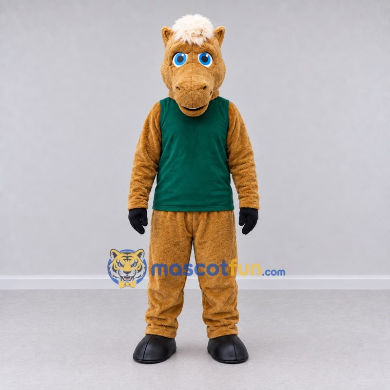 Custom Tan and Green Horse in a Sleeveless Shirt Mascot Costume Adult Full Body Suit for Farm Events