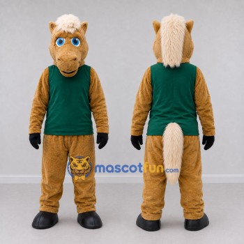 Custom Tan and Green Horse in a Sleeveless Shirt Mascot Costume Adult Full Body Suit for Farm Events