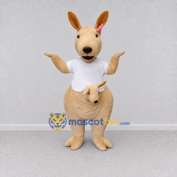 Custom Cream and White Kangaroo with a Joey in a T-Shirt Mascot Costume Adult Full Body Suit for Wildlife Events