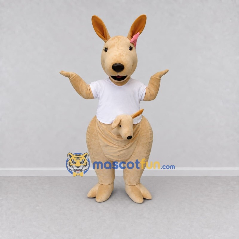 Custom Cream and White Kangaroo with a Joey in a T-Shirt Mascot Costume Adult Full Body Suit for Wildlife Events Custom Cream and White Kangaroo with a Joey in a T-Shirt Mascot Costume Adult Full Body Suit for Wildlife Events