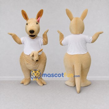 Custom Cream and White Kangaroo with a Joey in a T-Shirt Mascot Costume Adult Full Body Suit for Wildlife Events