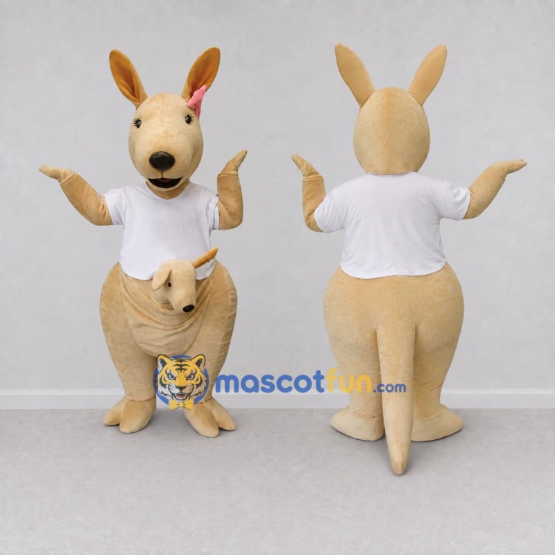 Custom Cream and White Kangaroo with a Joey in a T-Shirt Mascot Costume Adult Full Body Suit for Wildlife Events Custom Cream and White Kangaroo with a Joey in a T-Shirt Mascot Costume Adult Full Body Suit for Wildlife Events