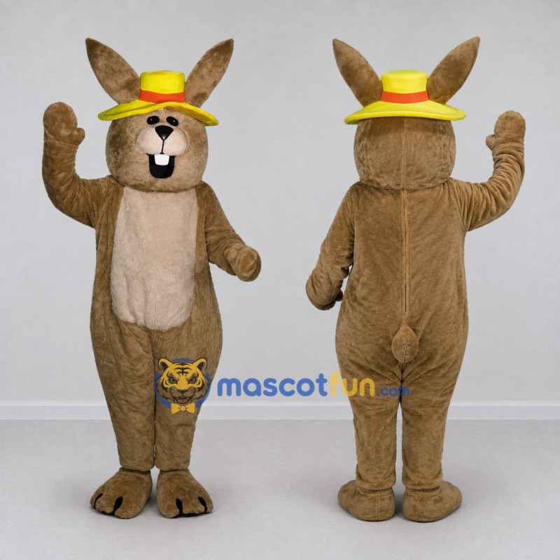 Custom Brown and Yellow Rabbit in a Hat Mascot Costume Adult Full Body Suit for Easter Events Custom Brown and Yellow Rabbit in a Hat Mascot Costume Adult Full Body Suit for Easter Events