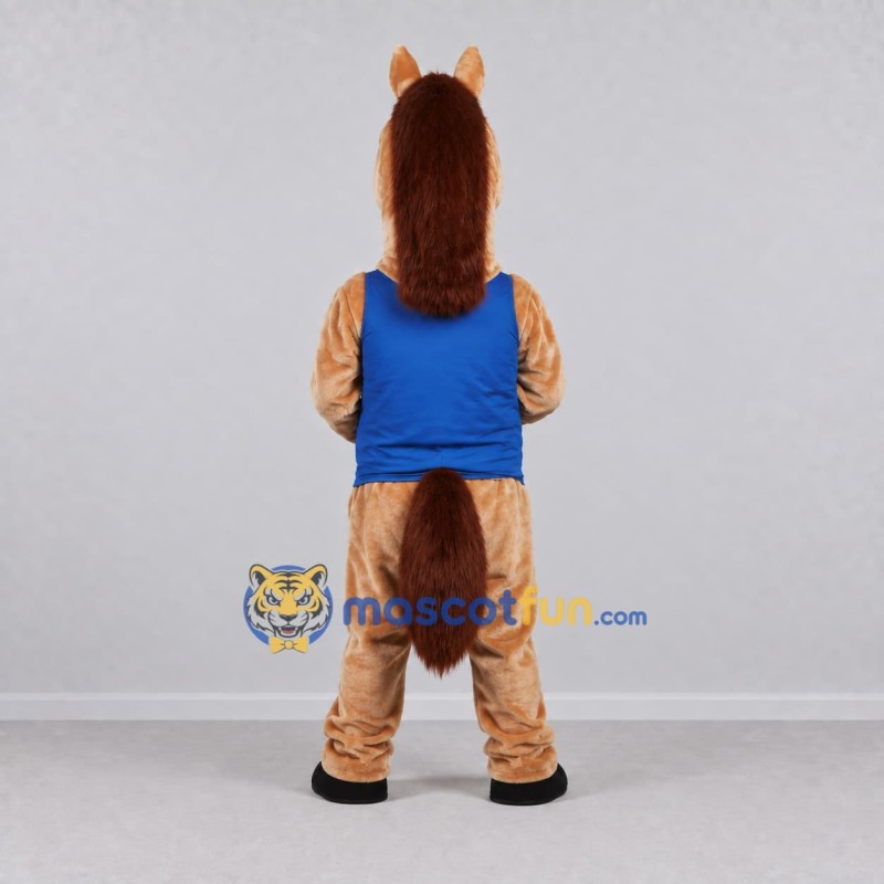 Custom Tan and Blue Horse in a Sleeveless Shirt Mascot Costume Adult Full Body Suit for Sports Events