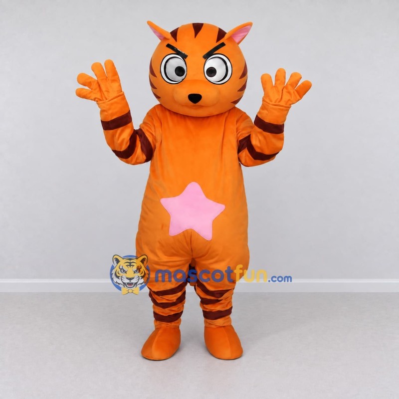 Custom Orange and Black Tiger with a Star Belly Mascot Costume Adult Full Body Suit for School Events Custom Orange and Black Tiger with a Star Belly Mascot Costume Adult Full Body Suit for School Events
