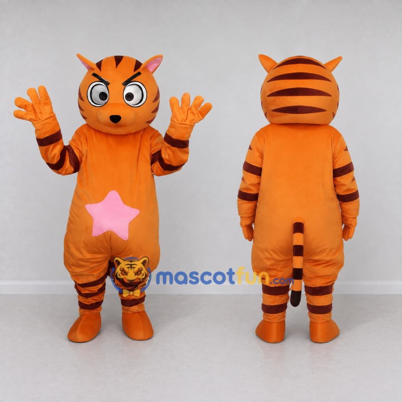 Custom Orange and Black Tiger with a Star Belly Mascot Costume Adult Full Body Suit for School Events Custom Orange and Black Tiger with a Star Belly Mascot Costume Adult Full Body Suit for School Events
