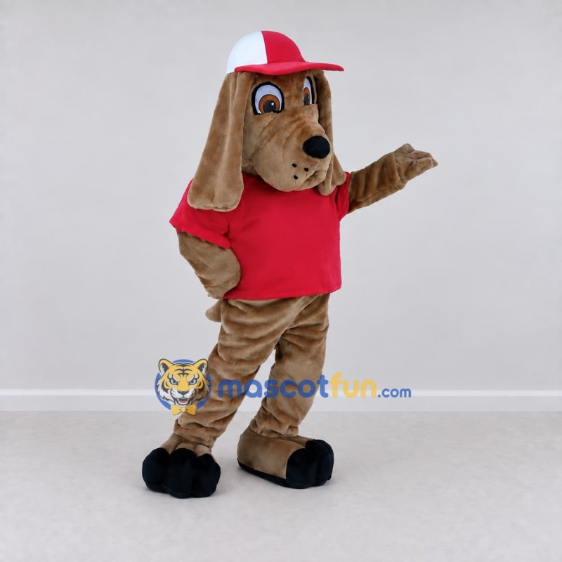 Custom Tan and Red Dog in a T-Shirt and Cap Mascot Costume Adult Full Body Suit for Sports Events
