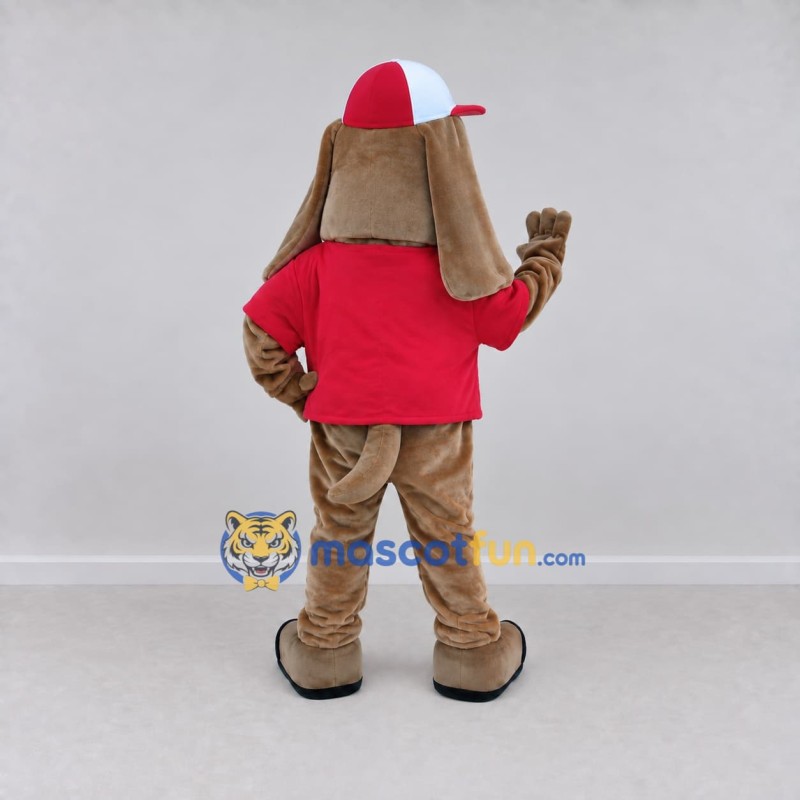 Custom Tan and Red Dog in a T-Shirt and Cap Mascot Costume Adult Full Body Suit for Sports Events