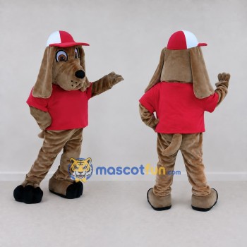 Custom Tan and Red Dog in a T-Shirt and Cap Mascot Costume Adult Full Body Suit for Sports Events
