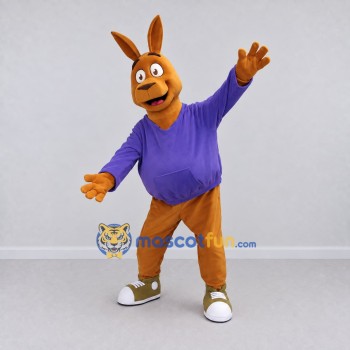 Custom Brown and Purple Kangaroo in a Sweatshirt Mascot Costume Adult Full Body Suit for School Events Custom Brown and Purple Kangaroo in a Sweatshirt Mascot Costume Adult Full Body Suit for School Events
