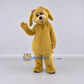 Custom Golden Yellow Shaggy Dog with Hair Bows Mascot Costume Adult Full Body Suit for Community Events Custom Golden Yellow Shaggy Dog with Hair Bows Mascot Costume Adult Full Body Suit for Community Events