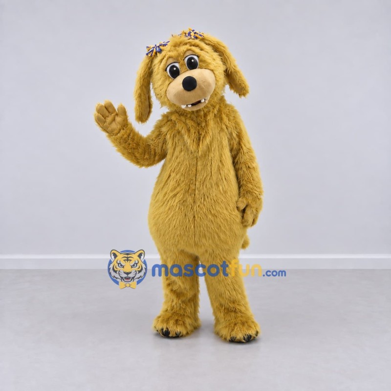 Custom Golden Yellow Shaggy Dog with Hair Bows Mascot Costume Adult Full Body Suit for Community Events Custom Golden Yellow Shaggy Dog with Hair Bows Mascot Costume Adult Full Body Suit for Community Events