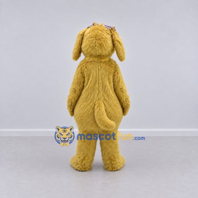 Custom Golden Yellow Shaggy Dog with Hair Bows Mascot Costume Adult Full Body Suit for Community Events Custom Golden Yellow Shaggy Dog with Hair Bows Mascot Costume Adult Full Body Suit for Community Events