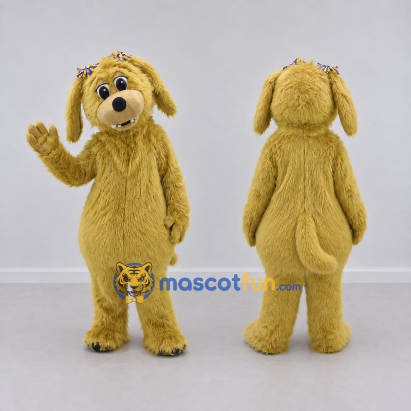 Custom Golden Yellow Shaggy Dog with Hair Bows Mascot Costume Adult Full Body Suit for Community Events Custom Golden Yellow Shaggy Dog with Hair Bows Mascot Costume Adult Full Body Suit for Community Events