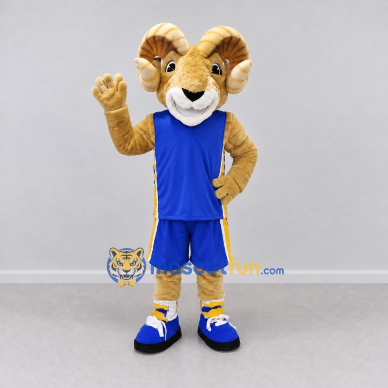 Custom Tan and Blue Ram in Sportswear Mascot Costume Adult Full Body Suit for Sports Events Custom Tan and Blue Ram in Sportswear Mascot Costume Adult Full Body Suit for Sports Events